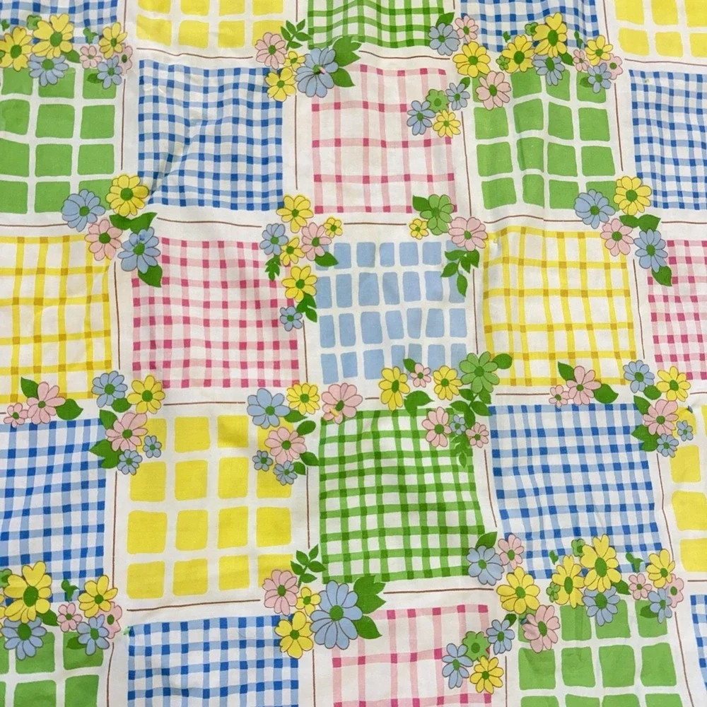 Vintage Quilt Blanket 65x45 Floral Gingham Patchwork Tied Pastel Nursery Retro